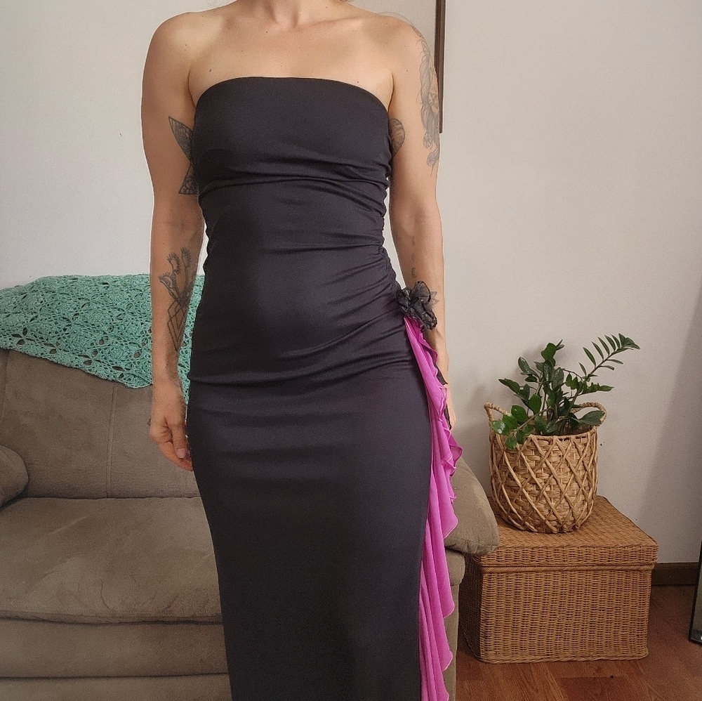 Vintage Strapless Bodycon Maxi With Floral Ruffle Detail Size Medium
